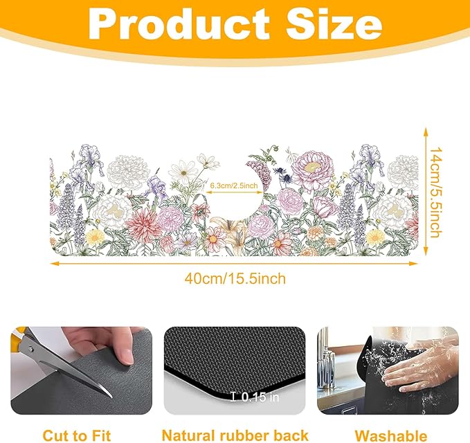2 Pack Butterfly Floral Sink Splash Guard Faucet Mat Rose Lily Tulip Peony Super Absorbent Fast Drying Mat Sink Gadgets-Splash Guard Behind Faucet Drip Catcher for Kitchen Bathroom, 15.5"x5.5"