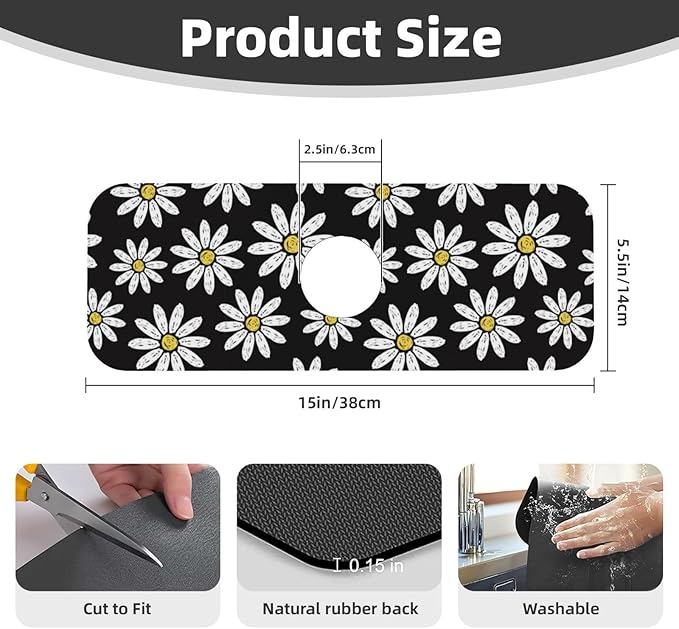 Daisy Flowers Floral Black Kitchen Sink Splash Guard Faucet Mat Super Absorbent Fast Drying Mat Sink Gadgets-Fast Drying Pad Sink Mat For Kitchen Bathroom (15" X 5.5" )