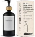 MaisoNovo Glass Hand Soap Dispenser | Dish Soap Dispenser for Kitchen | 16.9oz Black Bottles with Black Bamboo Pump | Bathroom Lotion Dispenser
