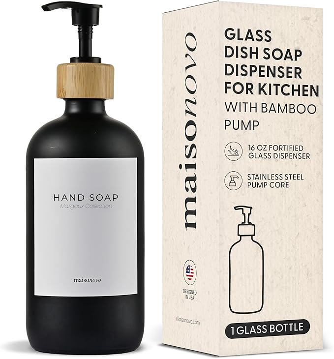 MaisoNovo Glass Hand Soap Dispenser | Dish Soap Dispenser for Kitchen | 16.9oz Black Bottles with Black Bamboo Pump | Bathroom Lotion Dispenser