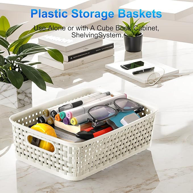 White Plastic Basket, 8 Pack Home Organization and Storage Baskets with Handles, Space Saving Woven Organizer Bins Plastic Storage Basket for Organizing Cabinets,Closets, Shelves, Countertops