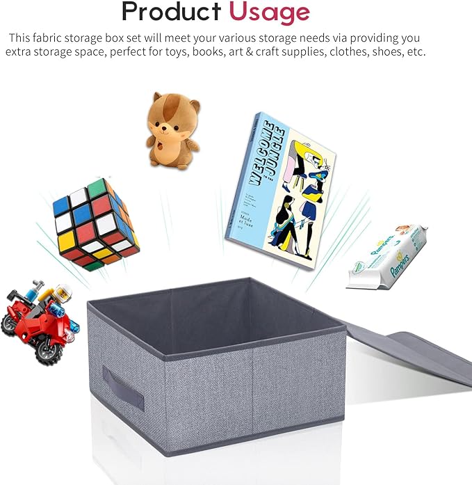 Onlyeasy Foldable Storage Bins Cubes Boxes with Lid - Storage Box Cube Cubby Basket Closet Organizer Pack of 2 with Leather Handles for Closet Bedroom, 13" x 13", Linen-like Grey, MXDLB2P