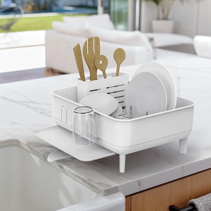 simplehuman Compact Dish Drying Rack with Stainless Steel Frame, 360º Easy Drain Swivel Spout, Utensil Holder, Anti-Residue Coating, Moisture Control Surface, White