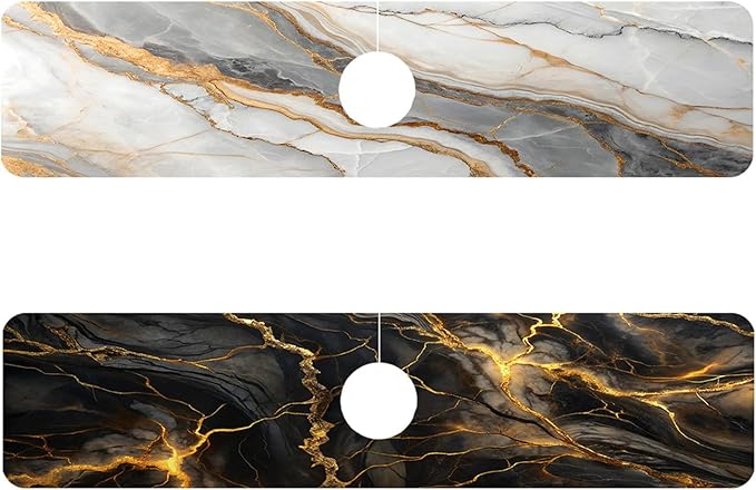 2 Pack Marble Texture Sink Splash Guard Faucet Mat Liquid Gold Marble Texture Super Absorbent Fast Drying Mat Sink Gadgets-Splash Guard Behind Faucet Drip Catcher for Kitchen Bathroom, 23.5"x5.5"
