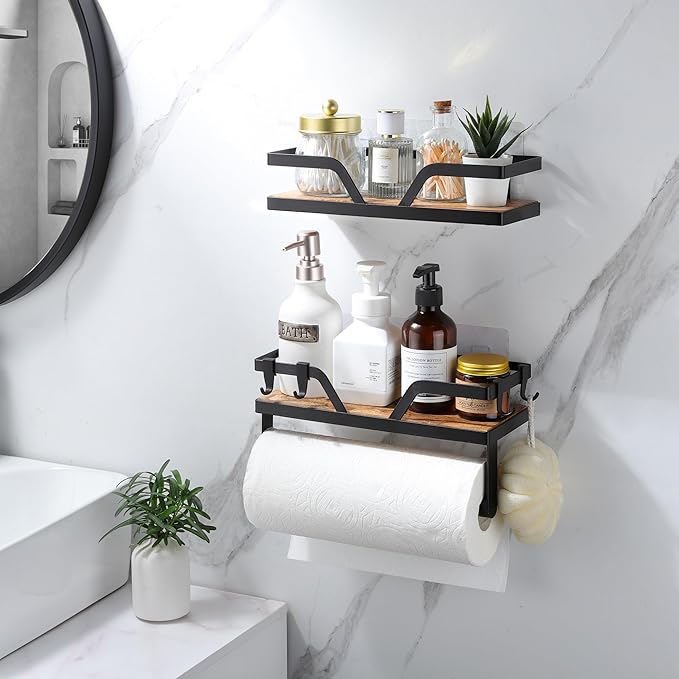 Paper Towel Holder - Kitchen Towel Holder with Shelf Wooden Spice Rack Organizer with 4 Hooks(Self-Adhesive & Wall Mounted)