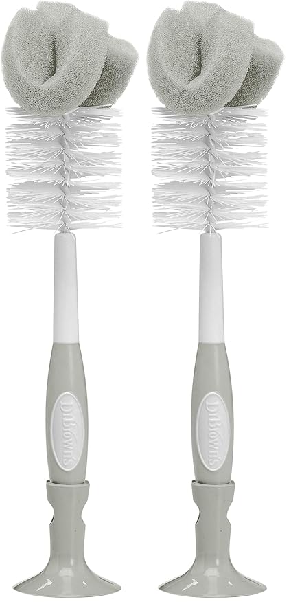 Dr. Brown's Reusable Sponge Baby Bottle Cleaning Brush with Suction Cup Stand, Scrubber and Nipple Cleaner, BPA-Free, Gray, 2-Pack