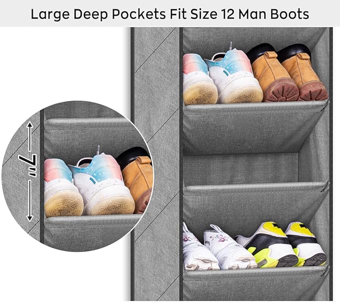 SLEEPING LAMB Shoe Rack for Door with Large Deep Pocket, Over The Door Shoe Organizer for Closet, Dorm and Narrow Hanging Sneaker Storage Holder, Grey