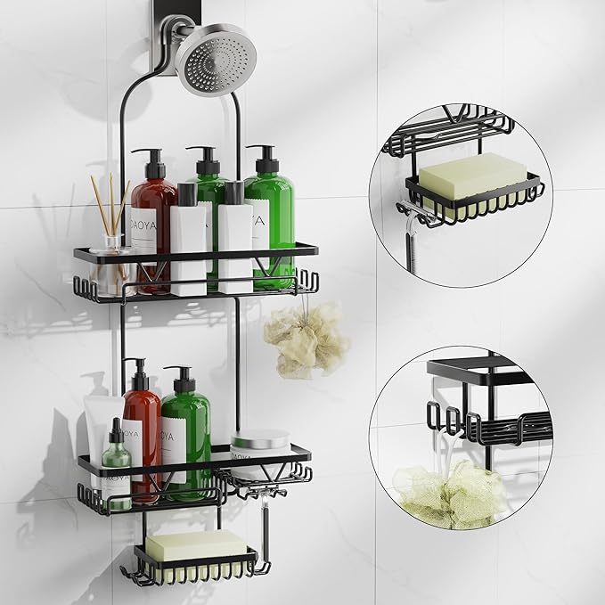 Shower Caddy Hanging, Anti-Swing Over Head Shower Caddy, Rustproof Bathroom Organizer with Soap Holder & Hooks