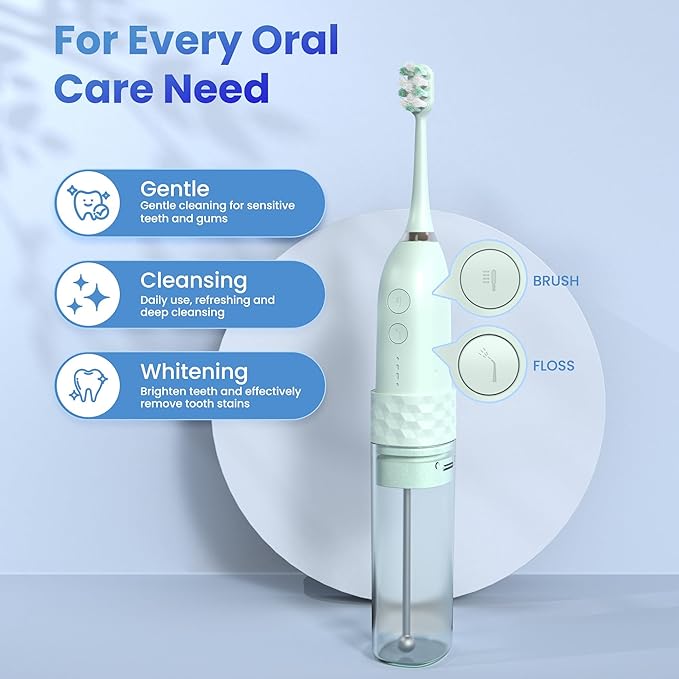 Electric Toothbrush with Water flosser, 2 in 1 Teeth Cleaning Kit, Toothbrush and Water flosser Combo, 25-Day Battery, Travel Toothbrush with Water Bottle(Green)