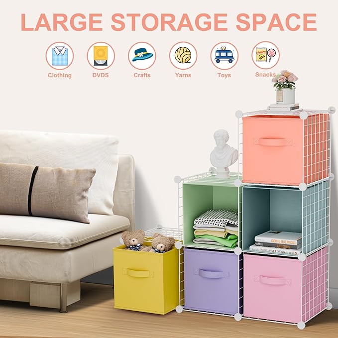 Leinuosen 6 Cube Storage Organizer with Fabric Bins, Wire Grid Stackable Shelves, Drawer Closet Organizer, Modular Storage Units for Bedroom Living Room Office Clothes Toys Crafts(White,Fresh Color)
