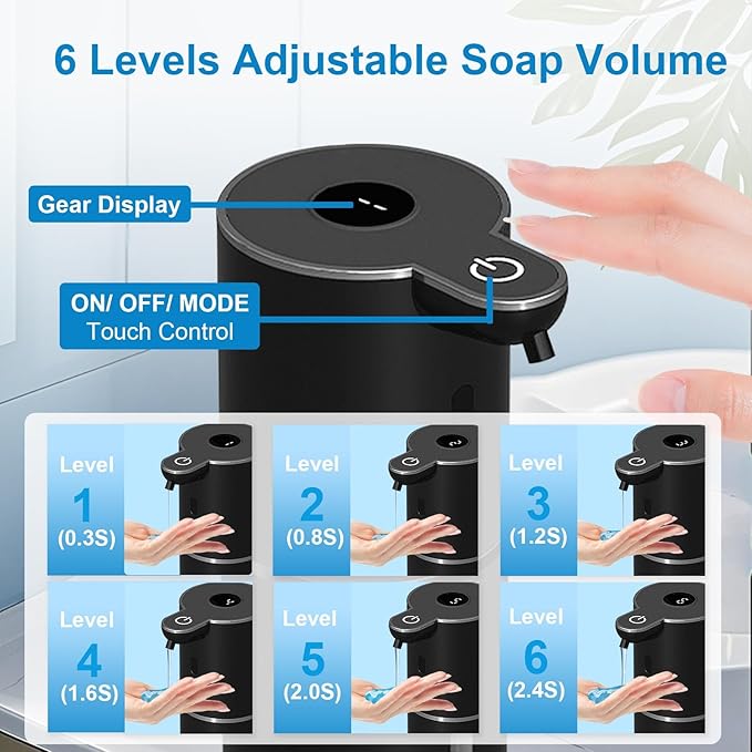 Automatic Liquid Soap Dispenser Touchless, USB Rechargeable Smart Hand Soap Dispenser, 6-Level Adjustable, 12.8oz/380mL, Compatible with Thick Thin Dish Soap for Bathroom Kitchen-Black
