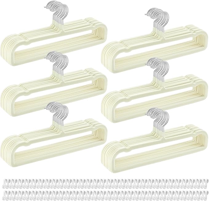60 Pack White Velvet Pants Hangers with 60 Hooks Non Slip, Felt Trouser Hanger for Closet, Thin Space Saving Clothes Hanger, Strong, Durable, 360 Degree Rotatable Hook for Tank Top, Shorts