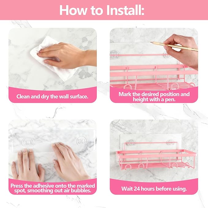 5 Pack Shower Caddy, Pink Stainless Steel Shower Shelves, Adhesive Showers Organizer, No Drilling Rustproof Bathroom Shelves with Soap Holder & Toothbrush Holder for Bathroom Home (Pink)