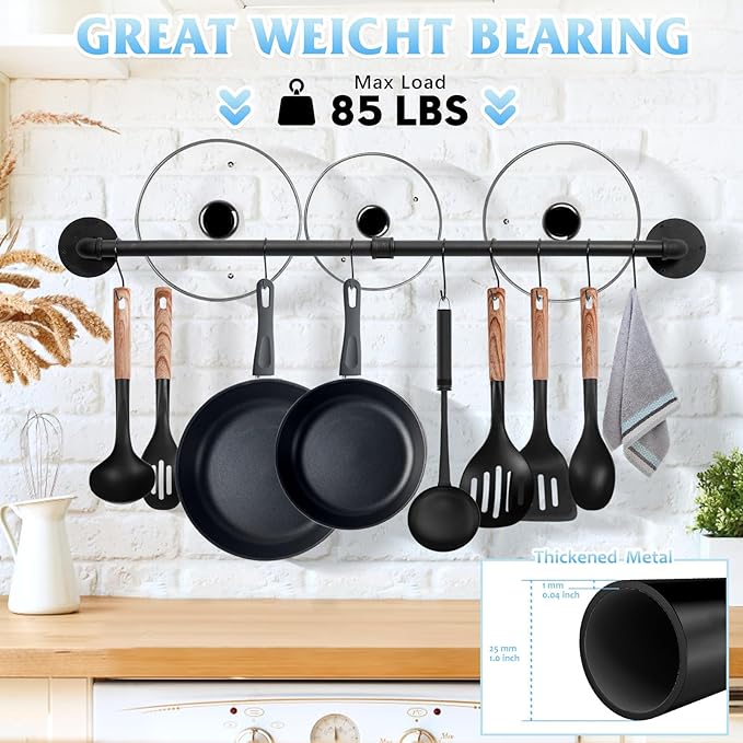 32 inch Pot Rack Wall Mounted Pan Hangers for Kitchen, Industrial Pipe Utensils Hanging Rail Iron Detachable Storage Organizer Lids Holder with 8 S Hooks, Black