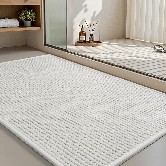 MontVoo Bath Mat,Chenille Absorbent Bathroom Mat Quick Dry Rubber Backed Bathroom Rugs Non Slip Washable Bath Mats,Ultra Thin Bathroom Rugs Fit Under Door,17"x24",White
