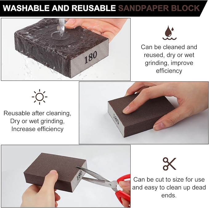 Romeda 8-Pack Sandpaper Block, 180 Grits Washable and Reusable Handmade Sanding Sponge, Drywall Sandpaper Blocks for Wooden Drywall Sheetrock and Metal Glazing