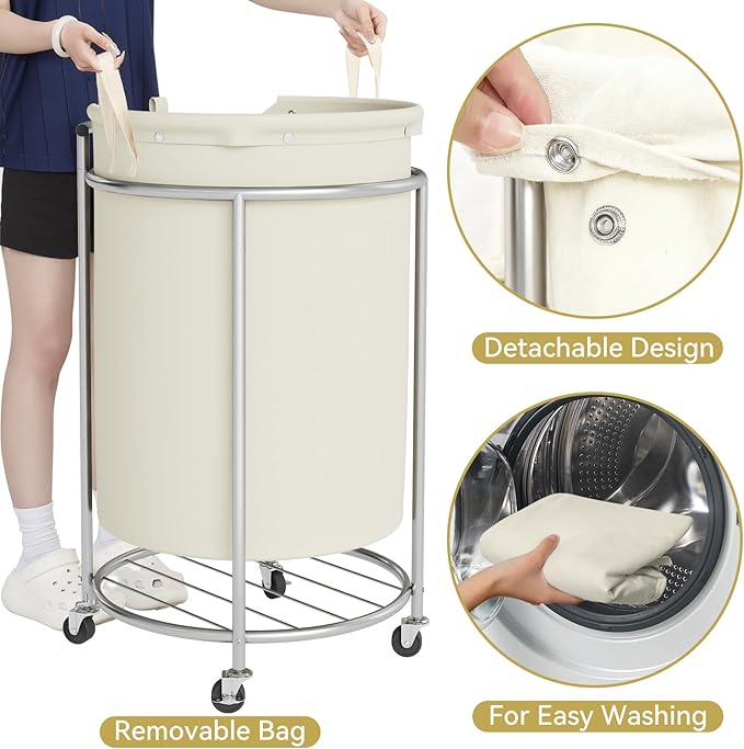 Chrislley 160L Double Laundry Hamper with Wheels, Rolling Laundry Basket with Removable Bag,Round Iron Laundry Cart with Steel Frame and Handle, Dirty Clothes Hamper Organizer for Dorm,Hoom(Beige)