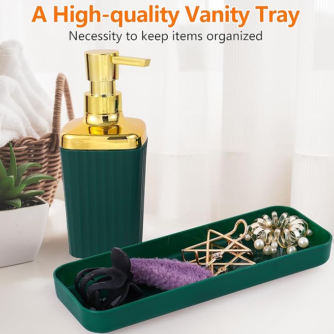 Bathroom Accessory Set,9 Pieces Dark Green Bathroom Accessories Set with Trash Can, Toothbrush Holder, Soap Dispenser, Toothbrush Cup, Vanity Tray, Soap Dish, Toilet Brush, Qtip Holder