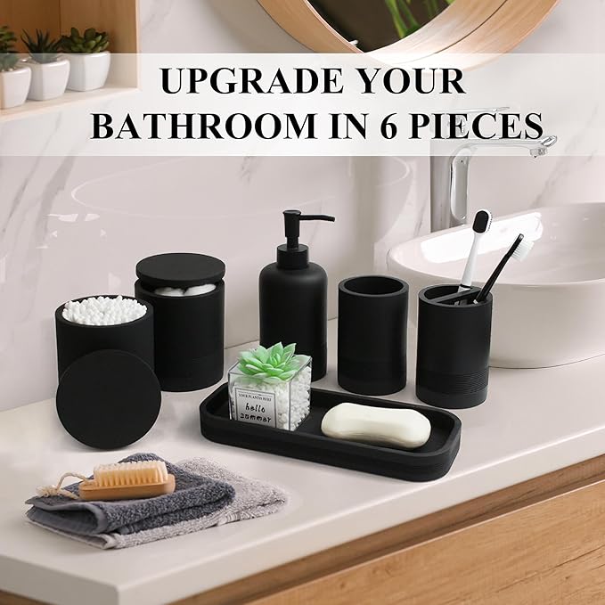 6-Piece Bathroom Accessories Set, Organizer Set with Soap Dispenser, Toothbrush Holder Set, Vanity Tray, Tumbler & 2 Cotton Swab Jars – Modern Stylish Bathroom Storage(Matte Black)