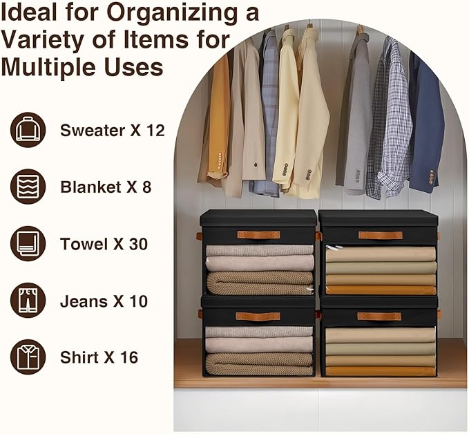Large Storage Bins with Lids - 3 Pack Foldable Decorative Organizers with Clear Windows & Handles, Cube Storage Organizers for Clothes, Blankets, Sweaters, Sheets, Black