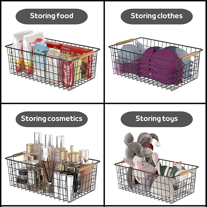 Wire Storage Baskets with Wooden Handles, 3 Pack Metal Organizer Baskets for Kitchen, Pantry, Freezer, Laundry,Farmhouse,Bathroom Baskets for Organizing,Black (1 Small, 1 Medium, 1 Large)
