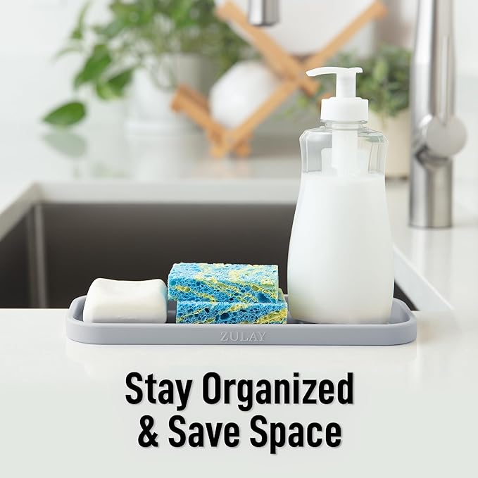 Zulay Kitchen (9x3.5in) Sponge Holder for Kitchen Sink - Flexible Heavy-Duty Multipurpose Sink Caddy - Counter Organizer for Kitchen, Bathroom, Makeup, Trinkets & More! (Grey)
