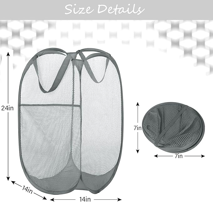BATTOO Deluxe Strong Mesh Pop up Laundry Hamper Basket with Side Pocket for Laundry Room, Bathroom, Kids Room, College Dorm or Travel 2 x Grey