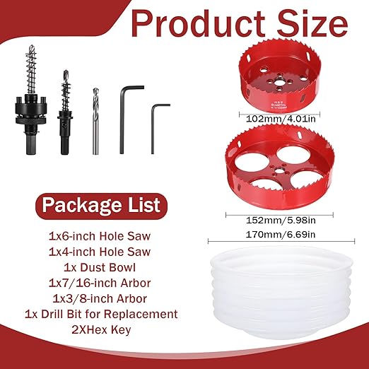 6-Inch & 4-Inch Hole Saw for Recessed Lights, Holes Drill Cutter with Dust Catcher Tool, Hole Cutter with Dust Bowl Catcher, for Wood, Ceiling, Drywall, Recessed Lights, LED and Can Light