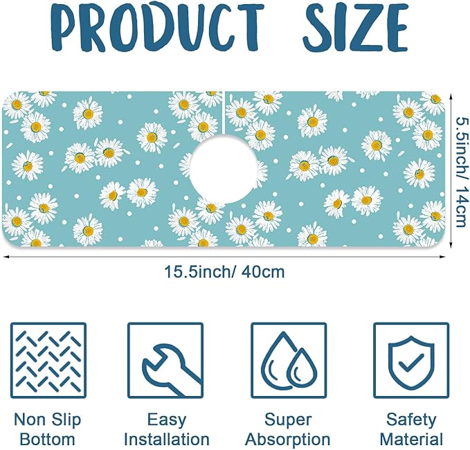 Cute Daisy Sink Faucet Absorbing Mat White Daisies Super Absorbent Fast Drying Mat Sink Gadgets Behind Faucet Sinkmat for Kitchen Bathroom, 15.5"x5.5"