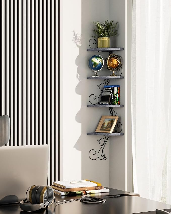 Alsonerbay Wall Mount Corner Shelves 4 Tier Floating Corner Storage Wood Shelves Decorative Rustic Radial Shelf in Cat Shape Weathered Grey