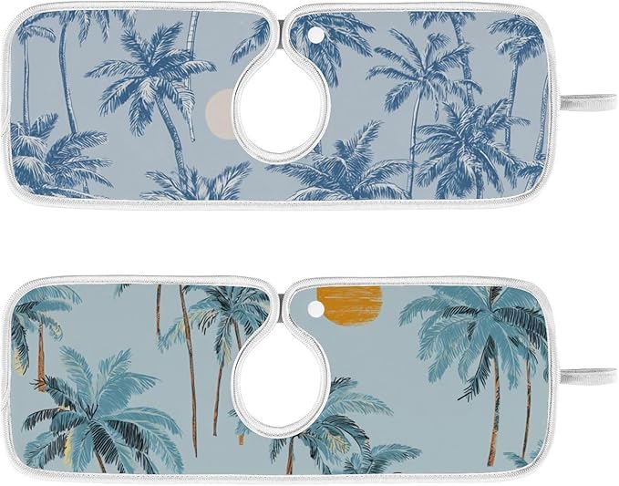 Sink Faucet Absorbing Mat Kitchen Sink Splash Guard Splash Faucet Drip Catcher for Bar RV Bathroom 2PCS 30x5.5in Blue Tropical Trees and Sun