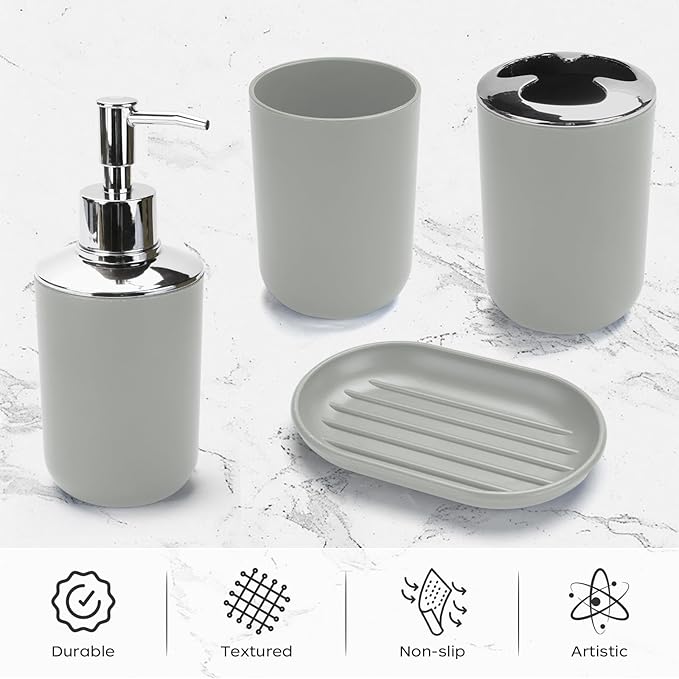 4 Pcs Grey Bathroom Accessories Set,Bohemian Bathroom Toothbrush Holder Set.Include Soap Dispenser, Soap Dish, Toothbrush Holder, Mouthwash Cup, Modern Bahtroom Decor Set