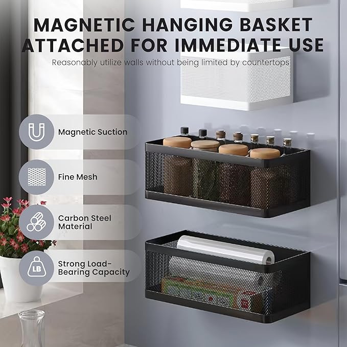 1 Pcs Magnetic Shelf For Fridge Shelves For Whiteboard Classroom Basket Organizer Holder Locker Storage Magnetic Bin Box Containers For Side Of Refrigerator (Black, 6.3''L*4.9''W*3.9''H)