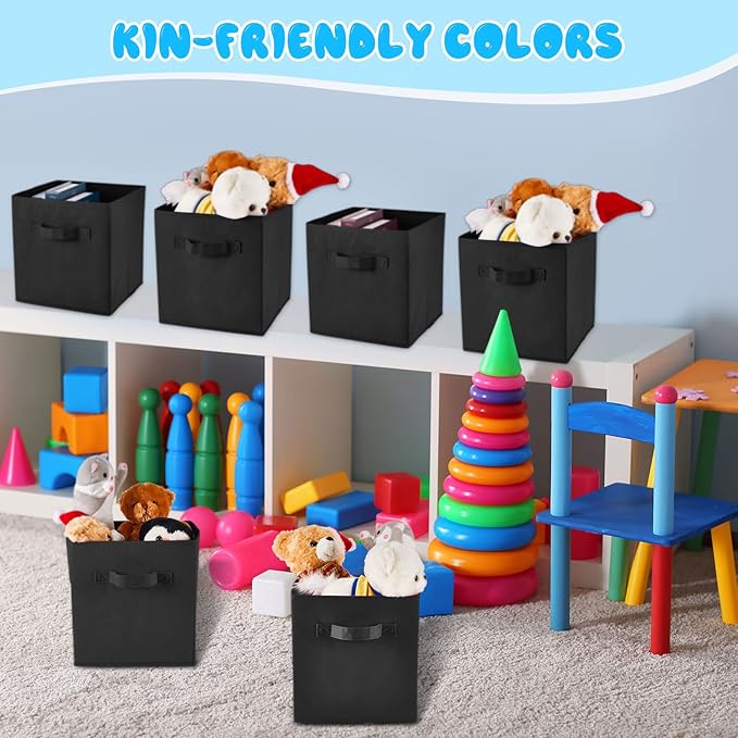 Yinder 12 Pcs Cube Storage Bin Black 11'' Storage Bins for Playroom Decor Colorful Bins for Kids Foldable Baskets for Nursery Organizer Boxes Fabric Boxes