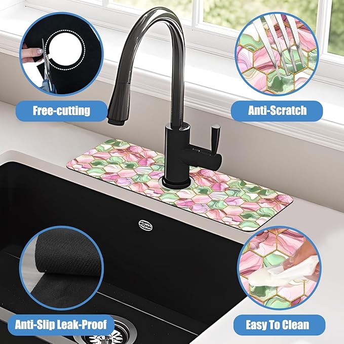 Sink Splash Guard Faucet Mat Abstract Pink and Green Hexagon Texture Absorbent Fast Drying Mat Sink Gadgets Splash Guard Behind Faucet Drip Catcher for Kitchen Bathroom 15.5"X5.5"