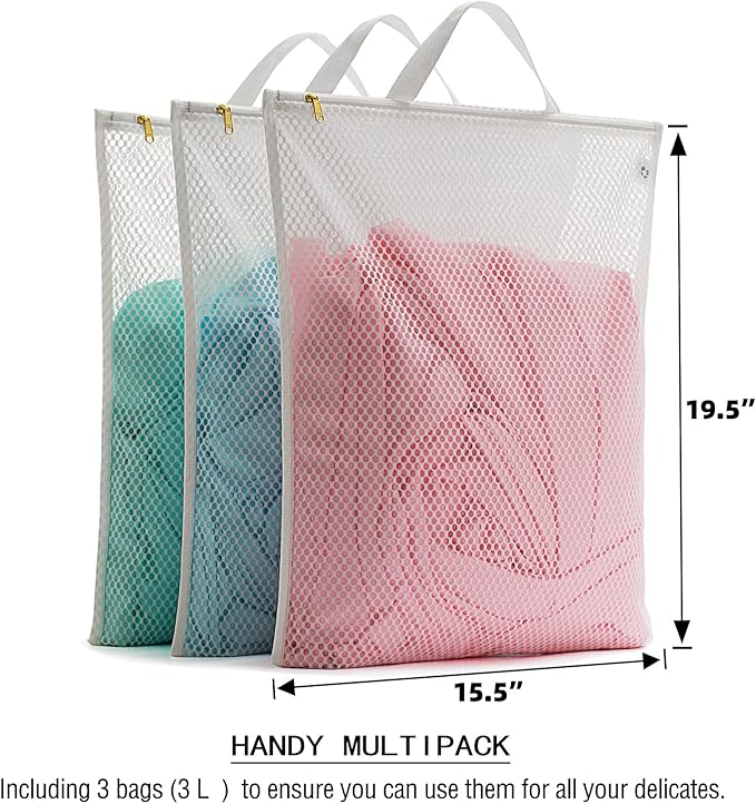 Tenrai Laundry Bag Mesh Wash Bag，Use YKK Zipper，Tote Bag Bathroom Hanging, Bra Fine Mesh Wash Bag for Underwear 3 Bags（3L Cellular Mesh）