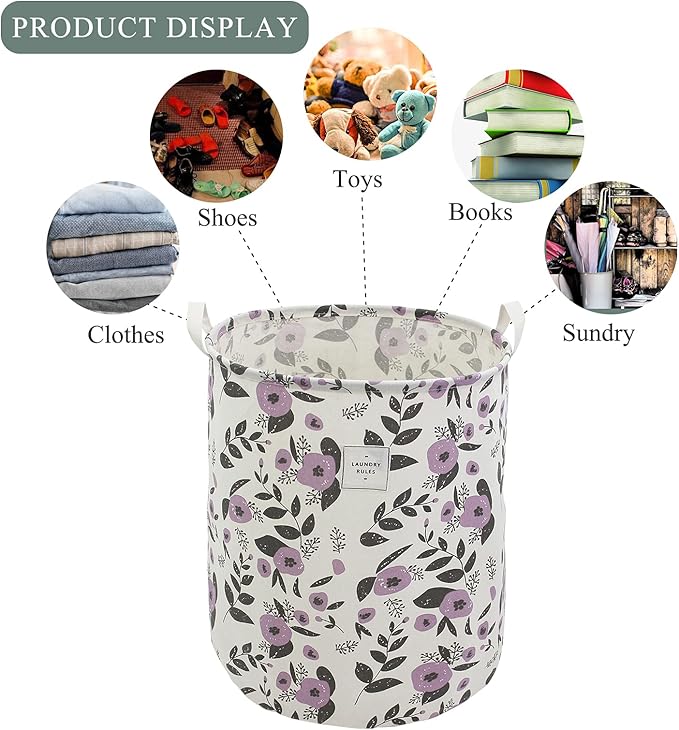 Mziart Collapsible Laundry Basket, Floral Printing Large Laundry Hamper for Baby Girls Kids Toys Clothes Organizer Foldable Storage Bin Waterproof Canvas Nursery Storage Basket with Handles (Purple)