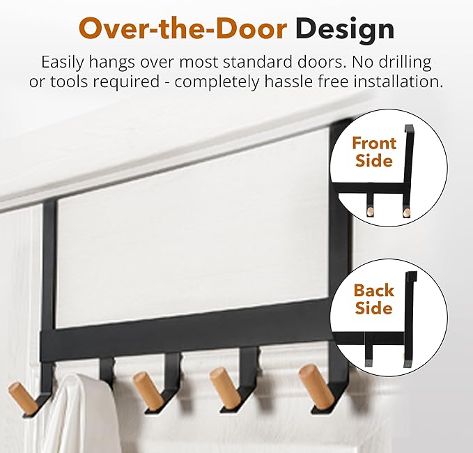 A&M Shops Over The Door Hanger - Heavy Duty Metal Door Hanger with Lotus Wood Tip for Bathroom & Bedroom - Coat Rack Organizer with 5 Stylish Towel Hooks for Door, Clothes & Bags - Black - Pack of 2