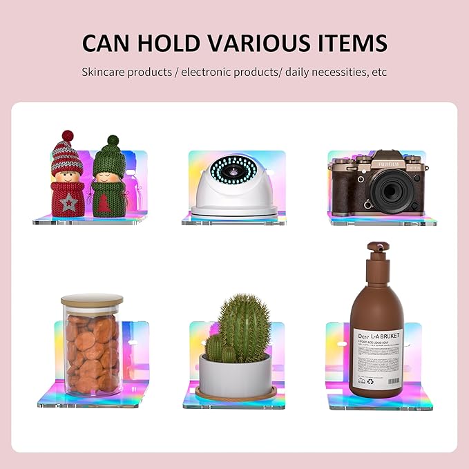 4 Inches Iridescent Small Wall Shelves, 4mm Thickness Acrylic Small Floating Shelf for Figures, Plants, Security Cameras, Speakers, Moisture-Proof, 2 Pack
