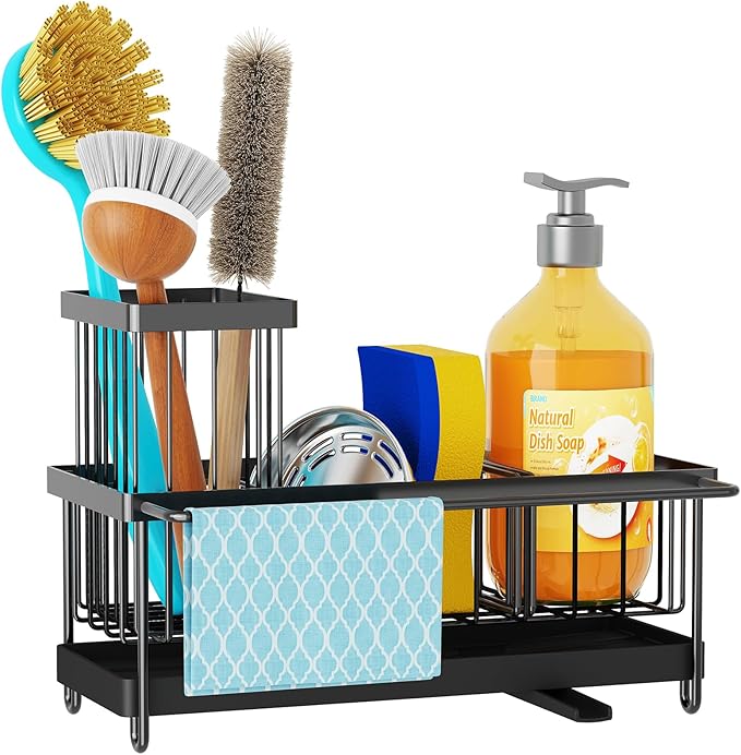 Godboat Sponge Holder for Kitchen Sink - Stainless Steel Sink Caddy Organizer with Towel & Brush Rack, Auto-Drain & 360° Swivel Spout, Bathroom Organizer for Soap Dispenser, Black (9.25" W X 4.1" D)