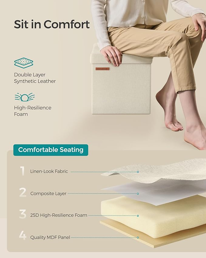 SONGMICS Storage Ottoman, Foldable Small Ottoman Foot Rest, 11.8 Inches Foot Stool, Cube Ottoman with Storage, Load up to 286 lb, for Living Room, Bedroom, Dorm, Cream White ULSF028W01