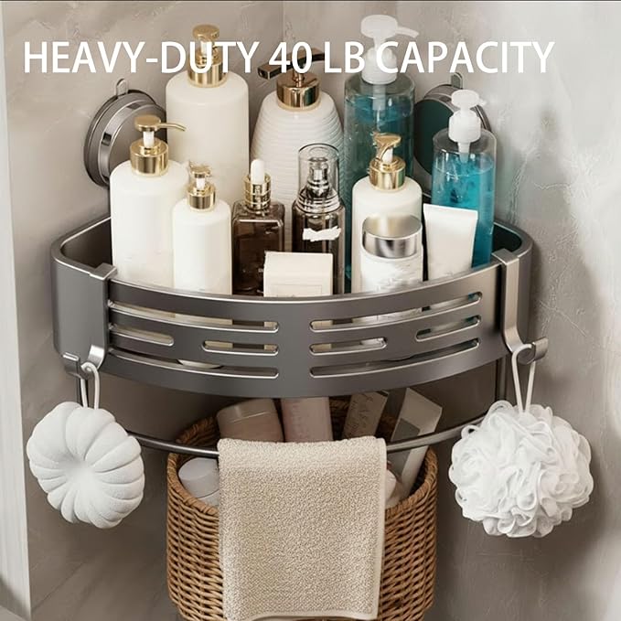 Xarewx Triangle Suction Cup Shower Caddy, No-Drill Bathroom Corner Shelf, 2-Tier Bathroom Organizer with Hooks & Towel Bar, Rust-Resistant, Heavy Duty Shower Corner Rack for Smooth Surfaces (Normal)