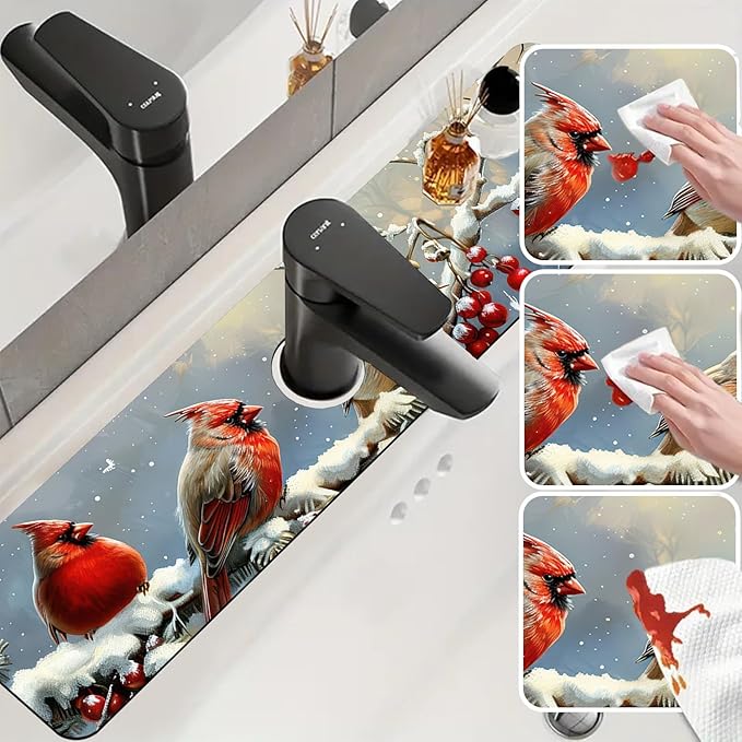 Chrismas Sink Splash Guard Faucet Mat Welcome Winter Absorbent Fast Drying Mat Sink Gadgets Splash Guard Behind Faucet Drip Catcher for Kitchen Bathroom 23.5"X5.5"