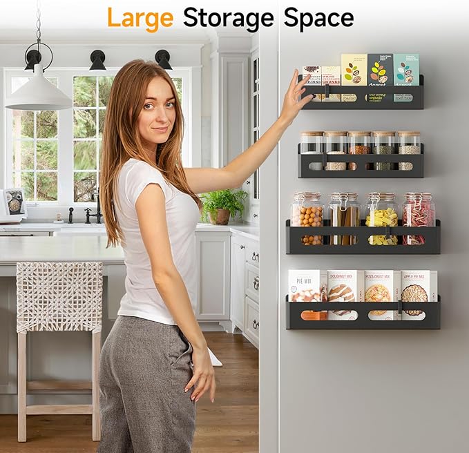 6 Pack Strong Magnetic Spice Rack for Refrigerator, Multipurpose Magnetic Shelf for Fridge with 4 Hooks for kitchen and Bathroom Organization, Black
