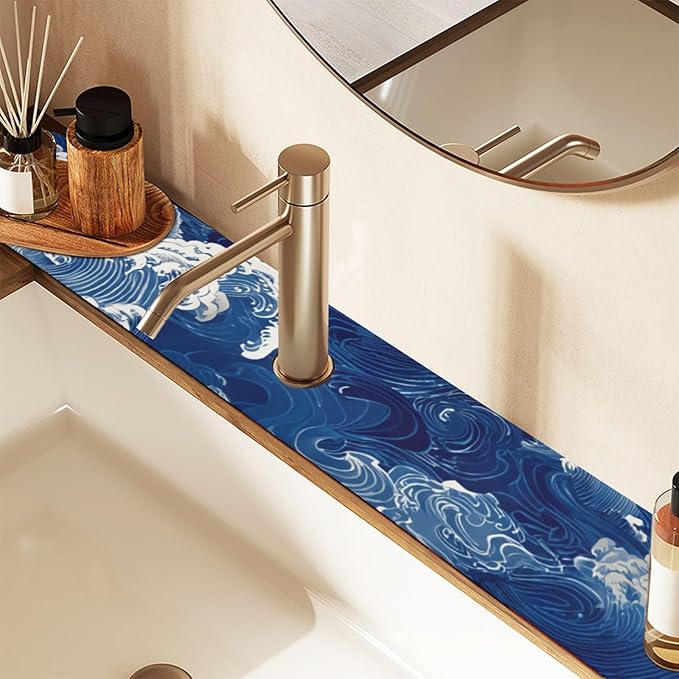 Kitchen Sink Splash Guard 1 PC 14.7 Inch Sink Faucet Mat Splash Guard for Bathroom Countertop Water Absorbent Foldable Cuttable Soft Washable Blue Ocean Waves