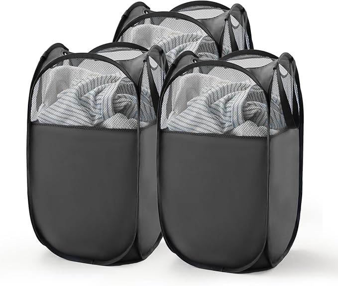 TECHMILLY Pop Up Foldable Laundry Basket, Mesh Laundry Hamper with Reinforced Handles for Dirty Clothes Storage in Dorm, Laundry Room, Bathroom, Black(Fabric), 3 Pack