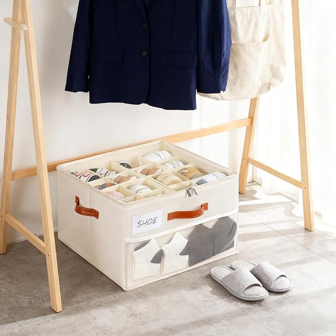 HOMICKER Shoe Organizer for Closet, Shoe Storage Box, Foldable Shoe Box with Adjustable Dividers and Clear Cover, Closet Shoe Organizer Fits up to 16 Pairs, 1-Pack, Extra Storage Pocket for Socks
