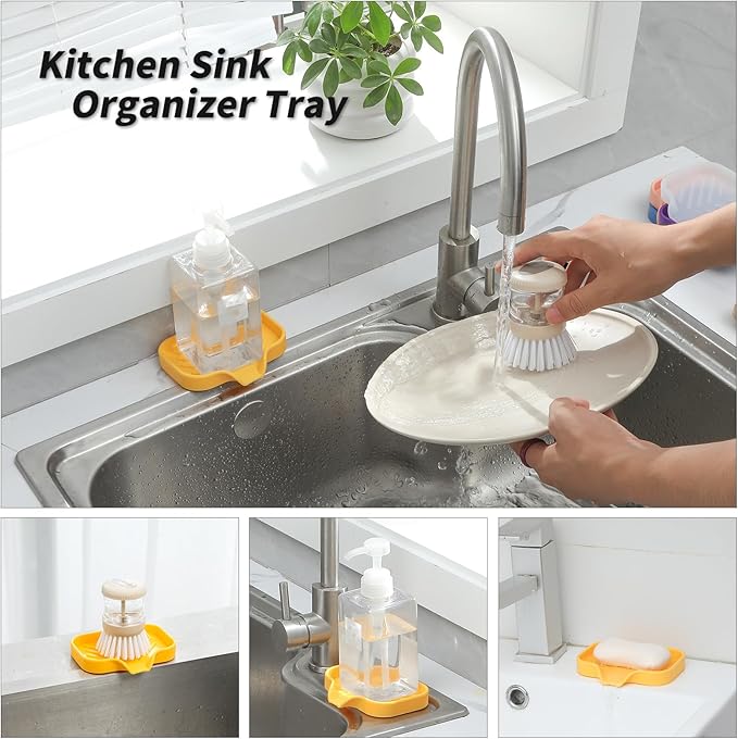 MicoYang Silicone Bathroom Soap Dishes with Drain Spout-Bathroom and Kitchen Sink Organizer,Sponge Holder,Dish Soap Tray,Perfect for Dispenser,Scrubber,Bottle,Cup on Sink or Counter-Yellow 4.9"×3.2"