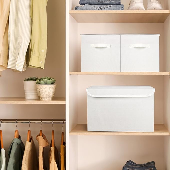 Large 17" 42 Quarts Collapsible Stackable Storage Bins with Lids [3-Pack] Foldable Fabric Linen Storage Boxes Cube, Closet Organizer Baskets with Label (16.7 x 12 x 12, White)