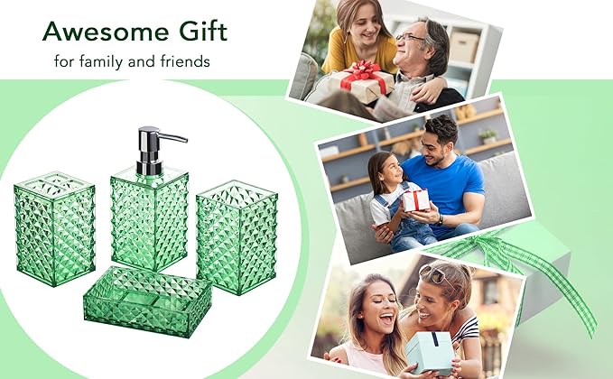 Bathroom Accessory Set, 4 PCS Green Bathroom Accessories Sets, Diamond Pattern Bathroom Soap Dispenser and Toothbrush Holder Sets Accessories Contain Soap Dish Tumbler, Boho Bathroom Décor